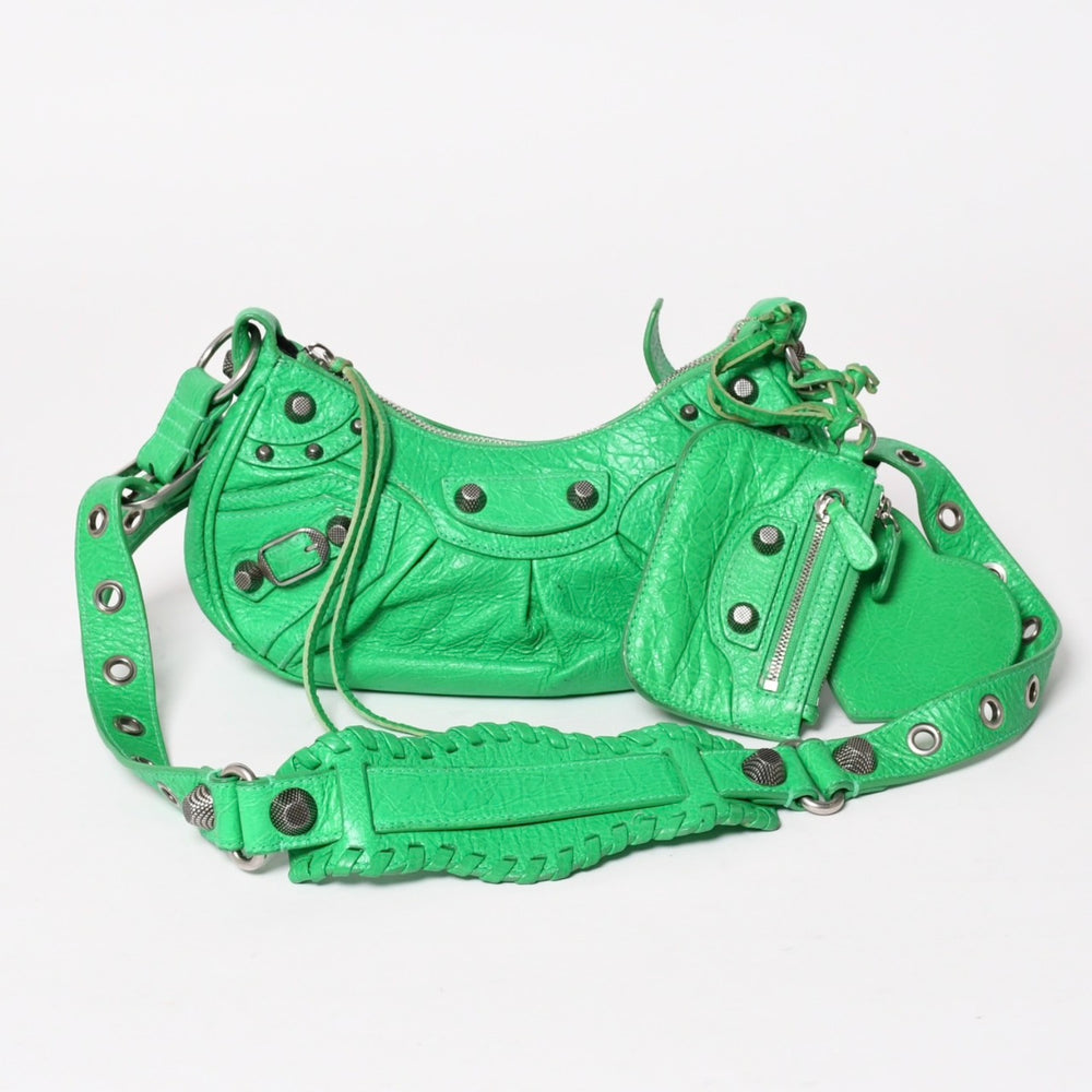 極美品 BALENCIAGA バレンシアガ ショルダーバッグ 671309 ル カゴールXS グリーン レザー アンティークシルバー金具 中古 4a003537