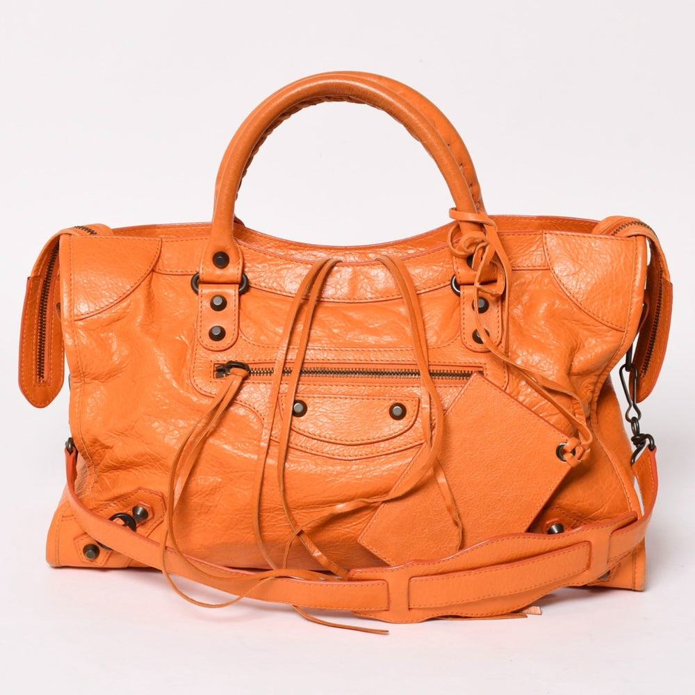 BALENCIAGA バレンシアガ ザ・シティ 2WAYバッグ ハンドバッグ レザー 115748 オレンジ ブロンズ金具 美品 中古 4a003463
