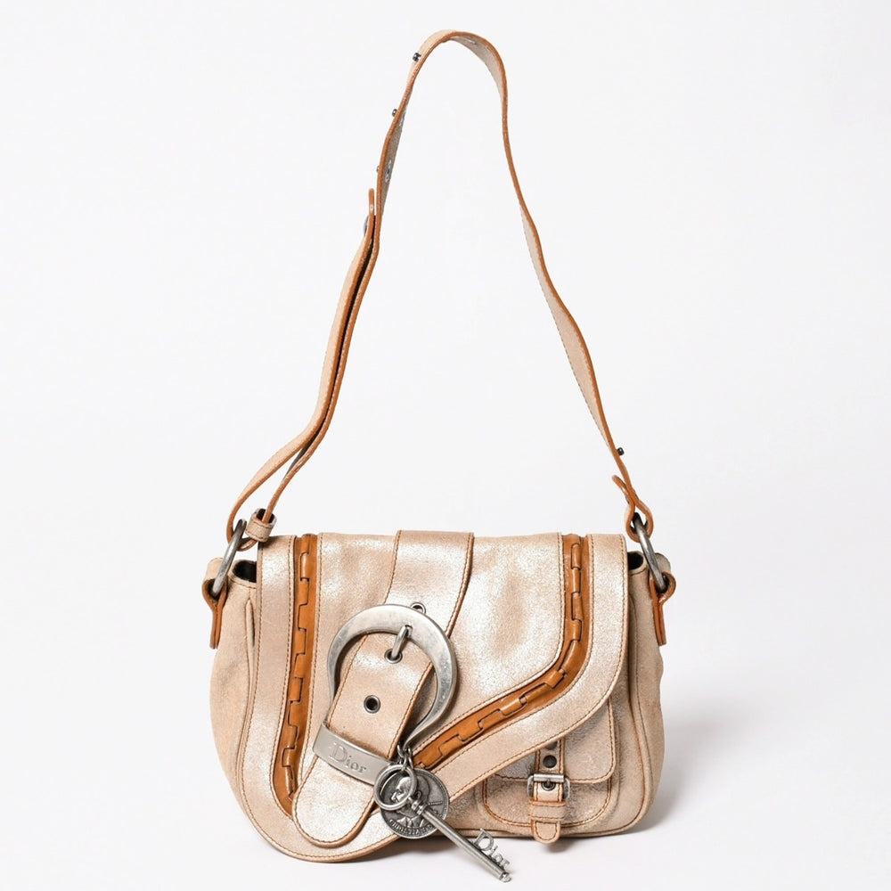 Christian Dior Gaucho Shoulder Bag Galliano Period 26-MA-0066 Beige Metallic Leather Good Condition Used 4a003543