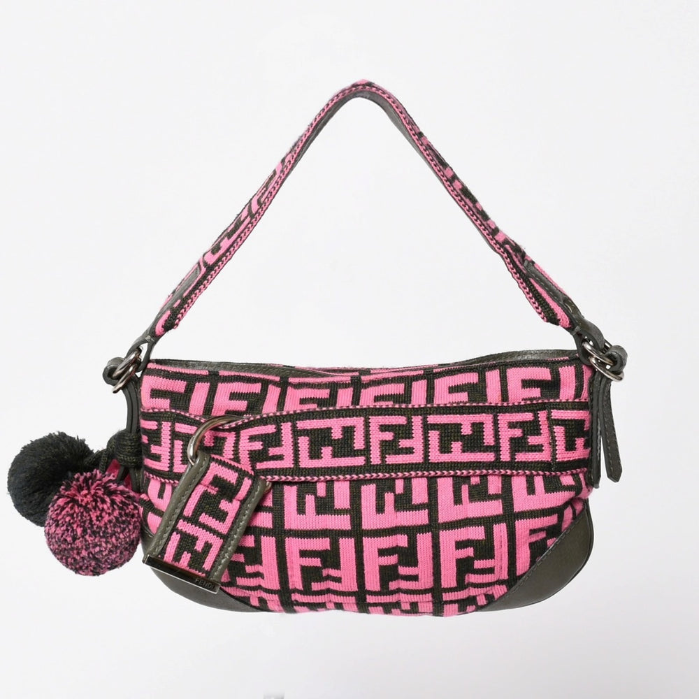 極美品 FENDI フェンディ ワンショルダーバッグ 8BR499 ズッカ柄 ニット レザー ピンク カーキ シルバー金具 中古 4a003367