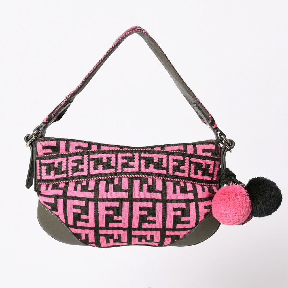 極美品 FENDI フェンディ ワンショルダーバッグ 8BR499 ズッカ柄 ニット レザー ピンク カーキ シルバー金具 中古 4a003367