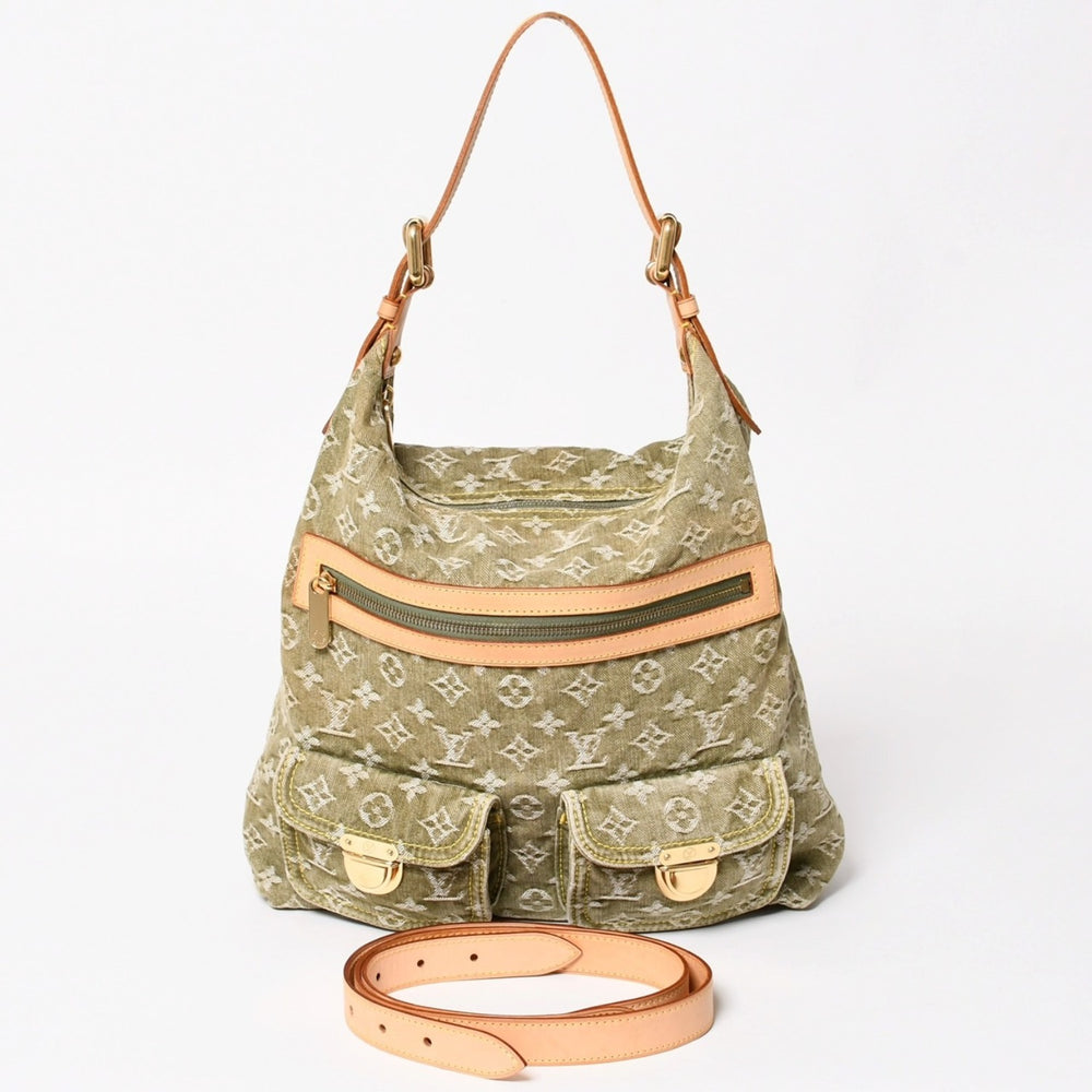 Very good condition LOUIS VUITTON Monogram Denim Baggy GM M95211 Green Gold hardware Tanned leather Used 4a003208