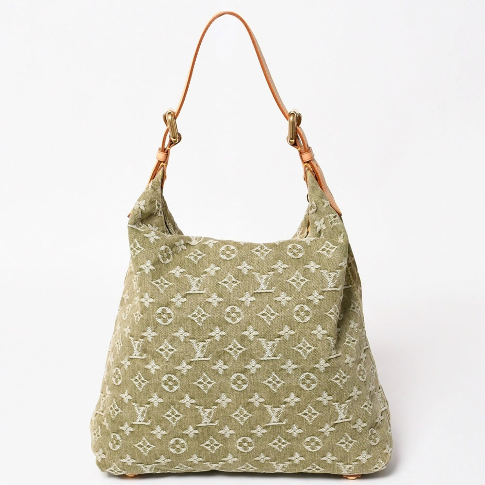 Very good condition LOUIS VUITTON Monogram Denim Baggy GM M95211 Green Gold hardware Tanned leather Used 4a003208