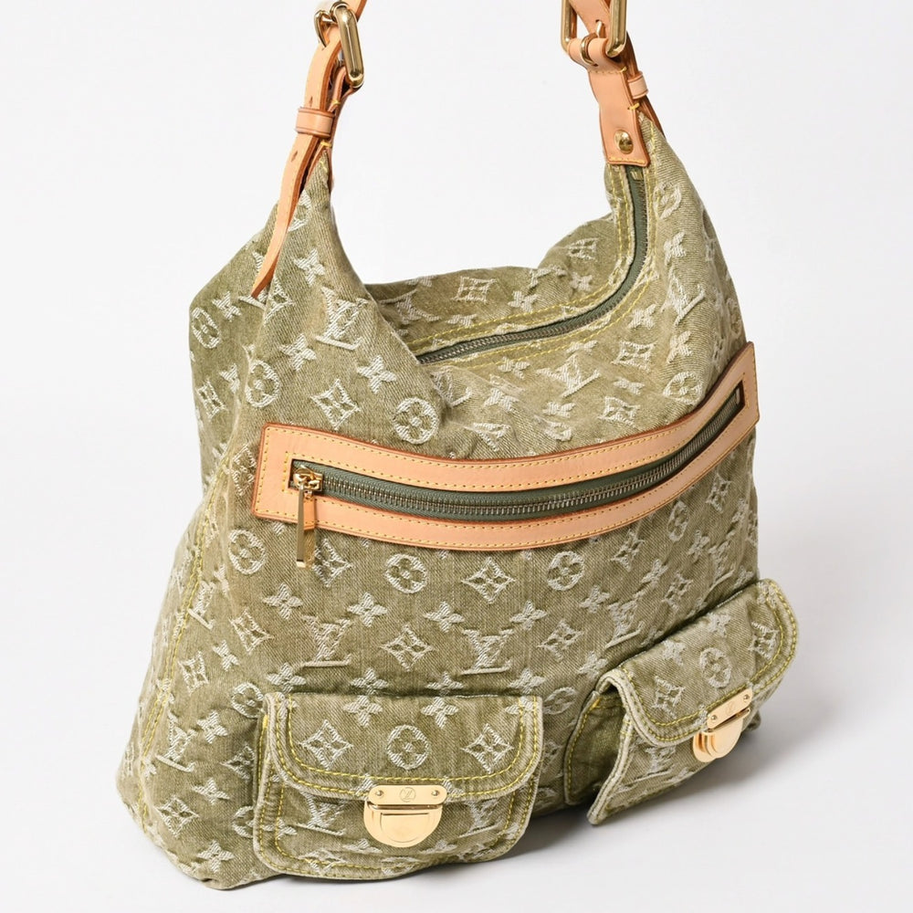 Very good condition LOUIS VUITTON Monogram Denim Baggy GM M95211 Green Gold hardware Tanned leather Used 4a003208