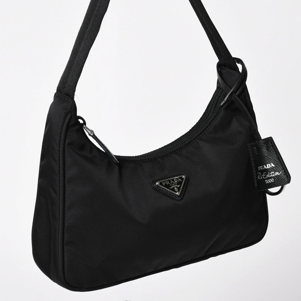 Very Good Condition PRADA Hobo One Shoulder Bag MV519 Nylon Black Triangle Logo Silver Hardware Used 4a003553