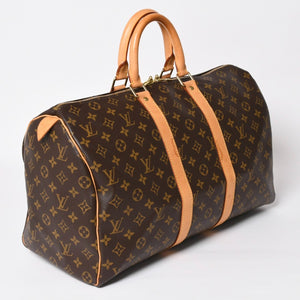 LOUIS VUITTON Monogram Keepall 45 Boston Bag M41428 Monogram Canvas Tanned Leather Brown Gold Hardware Good Used 4a003665