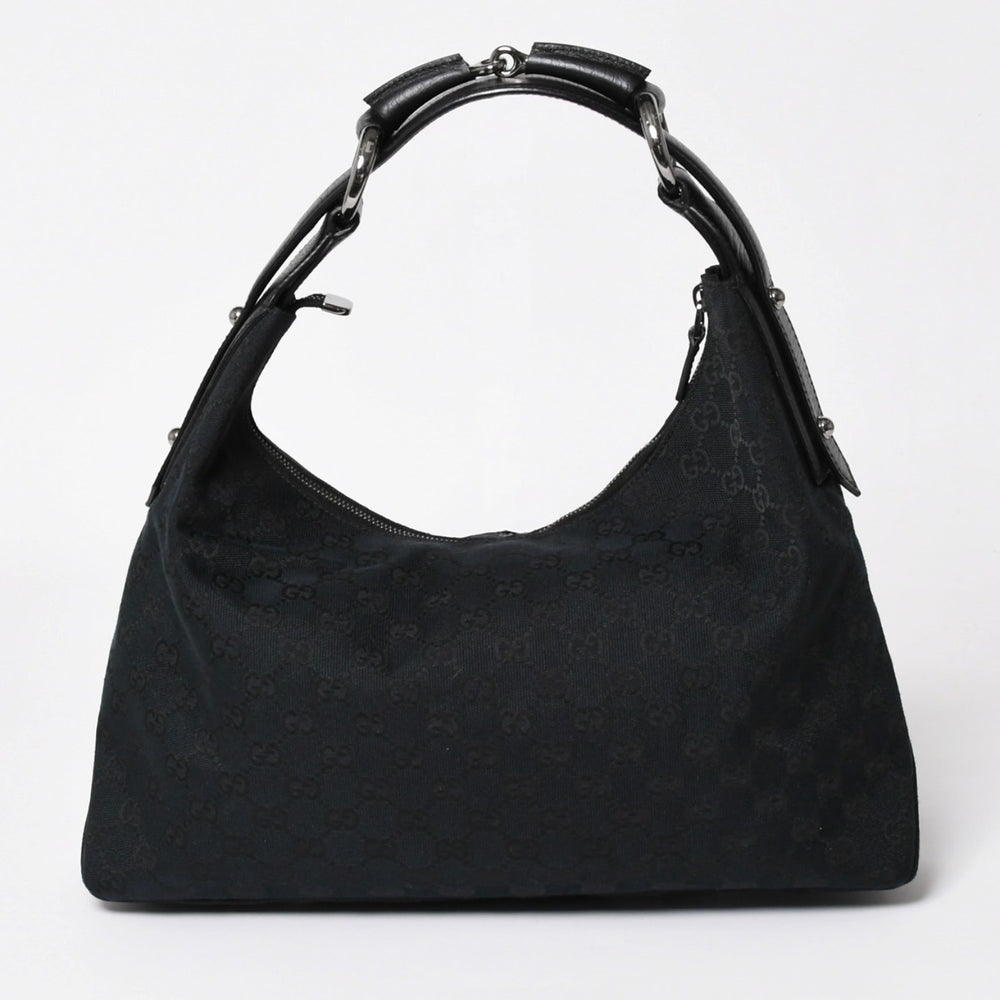 極美品 GUCCI グッチ ホースビット GGキャンバス ハンドバッグ ショルダーバッグ ブラック シルバー金具 190525 中古 4a003555