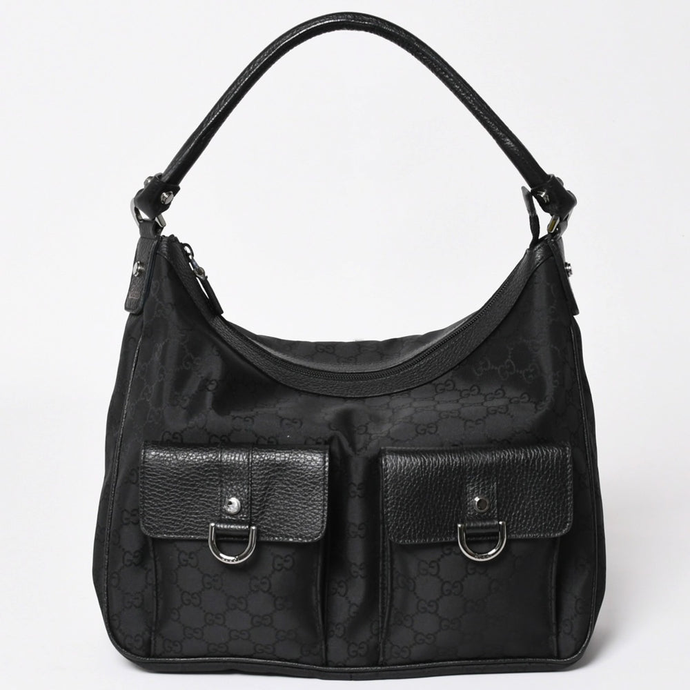 極美品 GUCCI グッチ ホーボー ワンショルダー ハンドバッグ 293581 GGキャンバス レザー ブラック シルバー金具 中古 4a003495