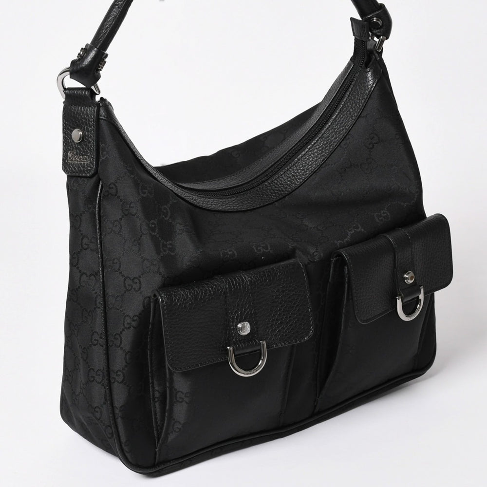 Very Good Condition GUCCI Gucci Hobo One Shoulder Handbag 293581 GG Canvas Leather Black Silver Hardware Used 4a003495