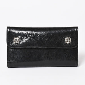 CHROME HEARTS クロムハーツ WAVE CROSS BALL ウェーブ クロスボールボタン レザーウォレット 長財布 ダガー ブラック 美品 中古 4a003559