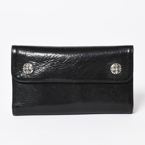 CHROME HEARTS クロムハーツ WAVE CROSS BALL ウェーブ クロスボールボタン レザーウォレット 長財布 ダガー ブラック 美品 中古 4a003559