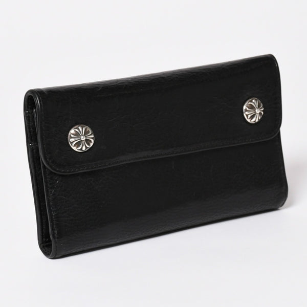 CHROME HEARTS クロムハーツ WAVE CROSS BALL ウェーブ クロスボールボタン レザーウォレット 長財布 ダガー ブラック 美品 中古 4a003559