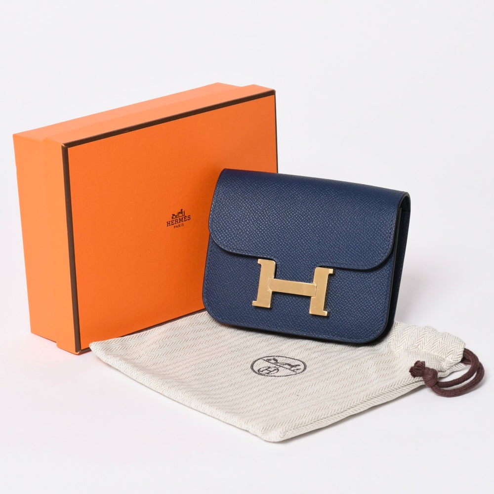 New and unused HERMES Constance Slim Bifold Wallet Vaux Epson B Engraved Navy Pouch Wallet Gold Hardware Used 4a003199