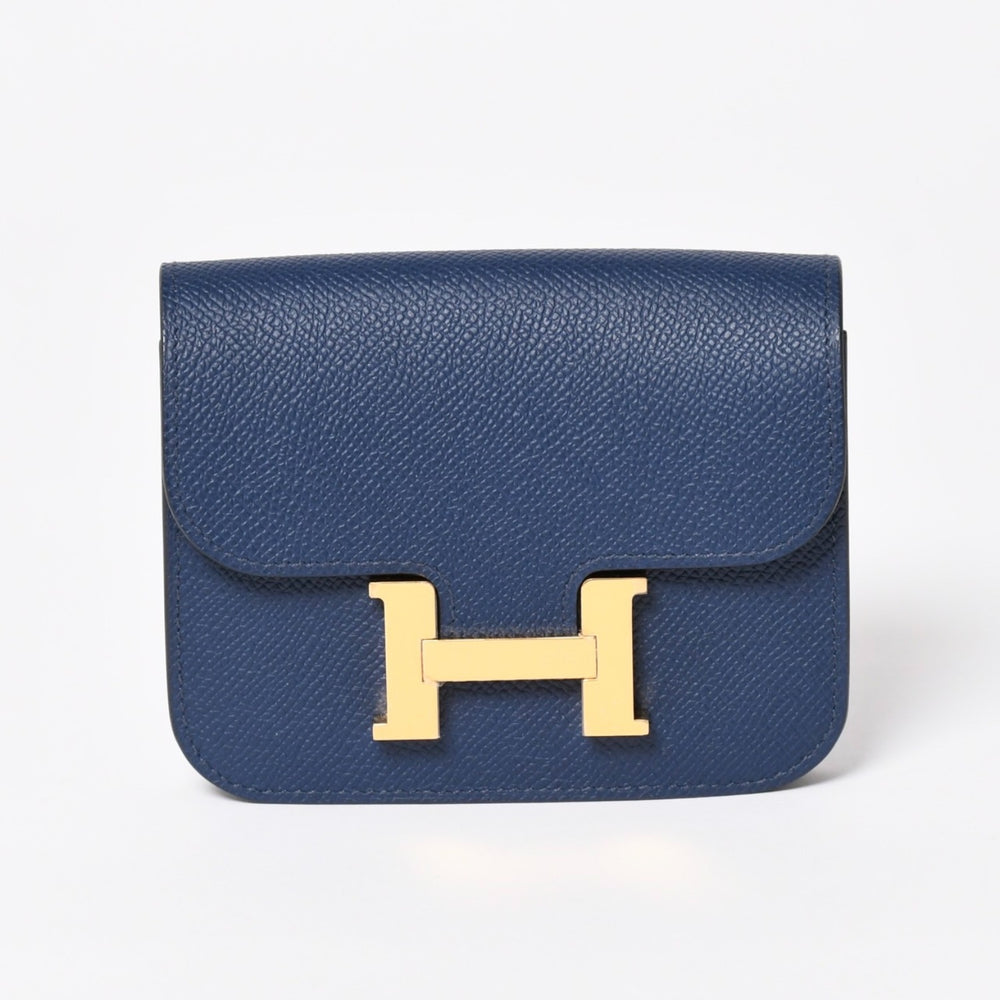 New and unused HERMES Constance Slim Bifold Wallet Vaux Epson B Engraved Navy Pouch Wallet Gold Hardware Used 4a003199