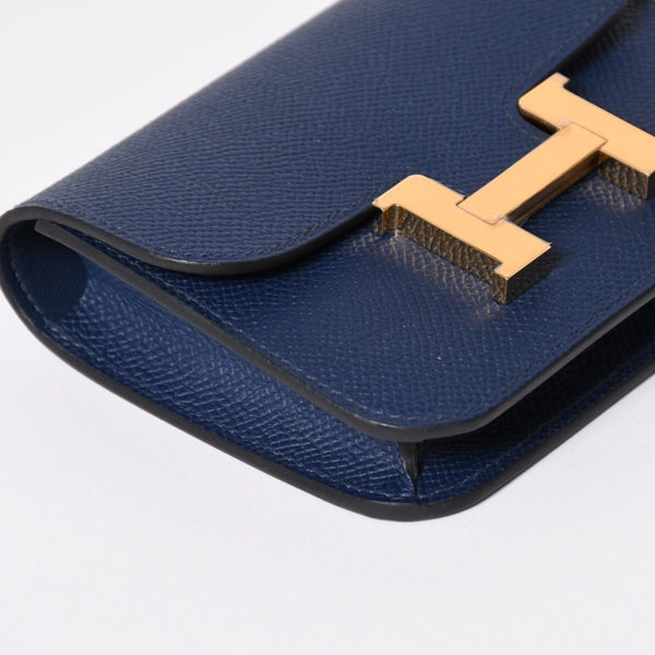 新品未使用 HERMES エルメス コンスタンス スリム 二つ折り財布 ヴォーエプソン B刻印 ネイビー ポーチ ウォレット ゴールド金具 中古 4a003199