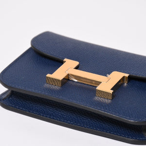 新品未使用 HERMES エルメス コンスタンス スリム 二つ折り財布 ヴォーエプソン B刻印 ネイビー ポーチ ウォレット ゴールド金具 中古 4a003199