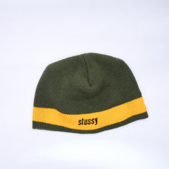 VINTAGE ヴィンテージ 90's OLD STUSSY オールドステューシー ビーニー ニットキャップ カーキ イエロー 刺繍ロゴ 美品 中古 4a003574