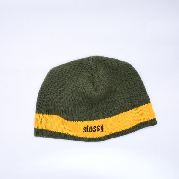 VINTAGE ヴィンテージ 90's OLD STUSSY オールドステューシー ビーニー ニットキャップ カーキ イエロー 刺繍ロゴ 美品 中古 4a003574