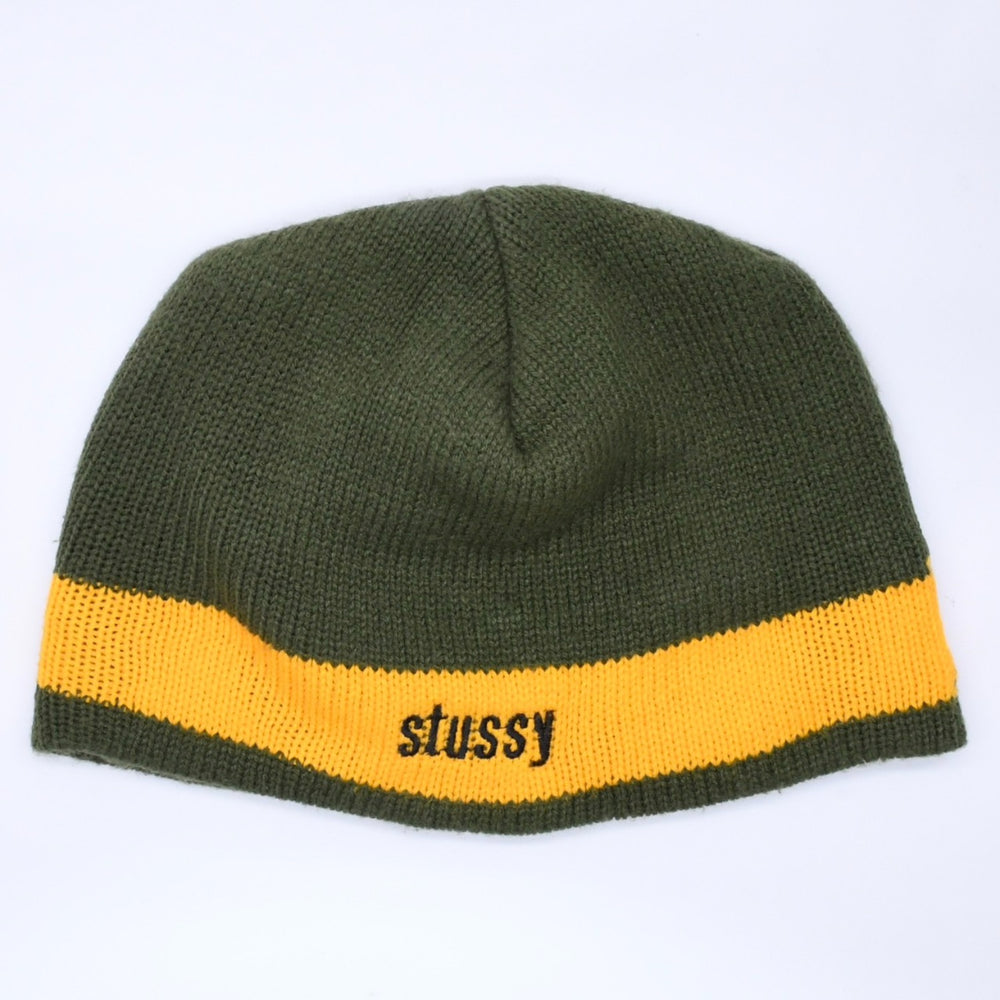 VINTAGE ヴィンテージ 90's OLD STUSSY オールドステューシー ビーニー ニットキャップ カーキ イエロー 刺繍ロゴ 美品 中古 4a003574