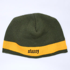 VINTAGE ヴィンテージ 90's OLD STUSSY オールドステューシー ビーニー ニットキャップ カーキ イエロー 刺繍ロゴ 美品 中古 4a003574