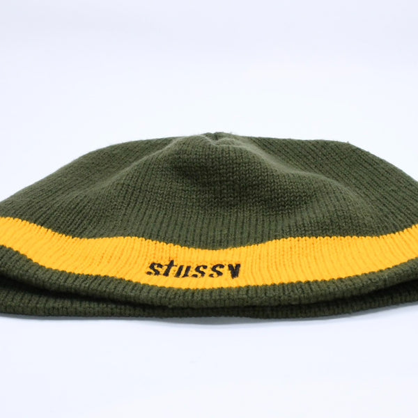 VINTAGE ヴィンテージ 90's OLD STUSSY オールドステューシー ビーニー ニットキャップ カーキ イエロー 刺繍ロゴ 美品 中古 4a003574