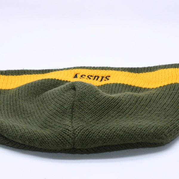 VINTAGE ヴィンテージ 90's OLD STUSSY オールドステューシー ビーニー ニットキャップ カーキ イエロー 刺繍ロゴ 美品 中古 4a003574
