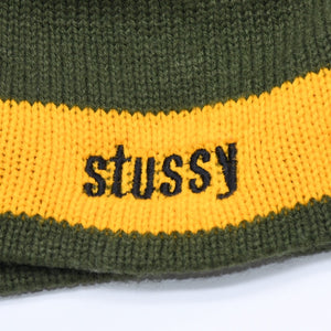VINTAGE ヴィンテージ 90's OLD STUSSY オールドステューシー ビーニー ニットキャップ カーキ イエロー 刺繍ロゴ 美品 中古 4a003574