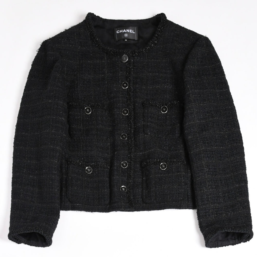 Very good condition CHANEL No collar tweed jacket P80445 Black outer Coco mark 50 size Patch pocket Used 4b012776