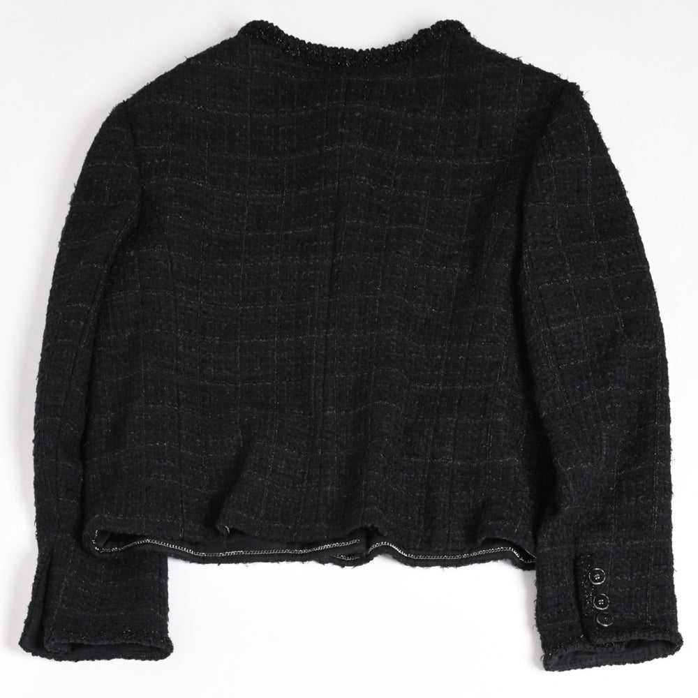 Very good condition CHANEL No collar tweed jacket P80445 Black outer Coco mark 50 size Patch pocket Used 4b012776