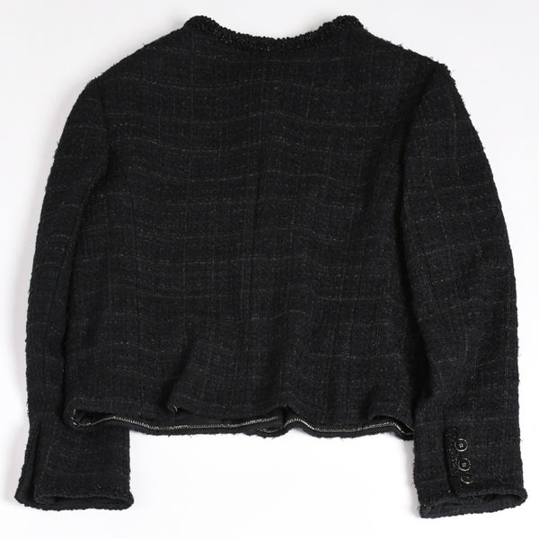 極美品 CHANEL シャネル ノーカラーツイードジャケット P80445 ブラック アウター ココマーク 50サイズ パッチポケット 中古 4b012776