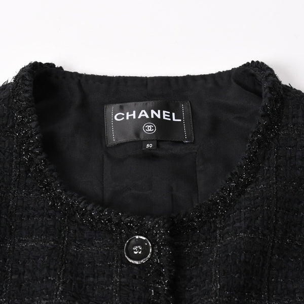 極美品 CHANEL シャネル ノーカラーツイードジャケット P80445 ブラック アウター ココマーク 50サイズ パッチポケット 中古 4b012776