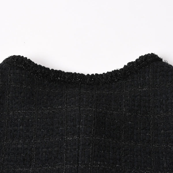 極美品 CHANEL シャネル ノーカラーツイードジャケット P80445 ブラック アウター ココマーク 50サイズ パッチポケット 中古 4b012776