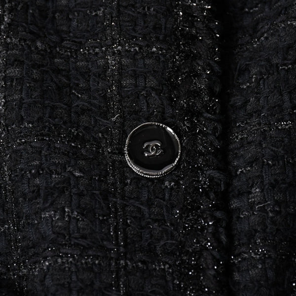 極美品 CHANEL シャネル ノーカラーツイードジャケット P80445 ブラック アウター ココマーク 50サイズ パッチポケット 中古 4b012776