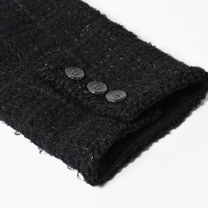 極美品 CHANEL シャネル ノーカラーツイードジャケット P80445 ブラック アウター ココマーク 50サイズ パッチポケット 中古 4b012776