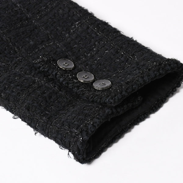 極美品 CHANEL シャネル ノーカラーツイードジャケット P80445 ブラック アウター ココマーク 50サイズ パッチポケット 中古 4b012776