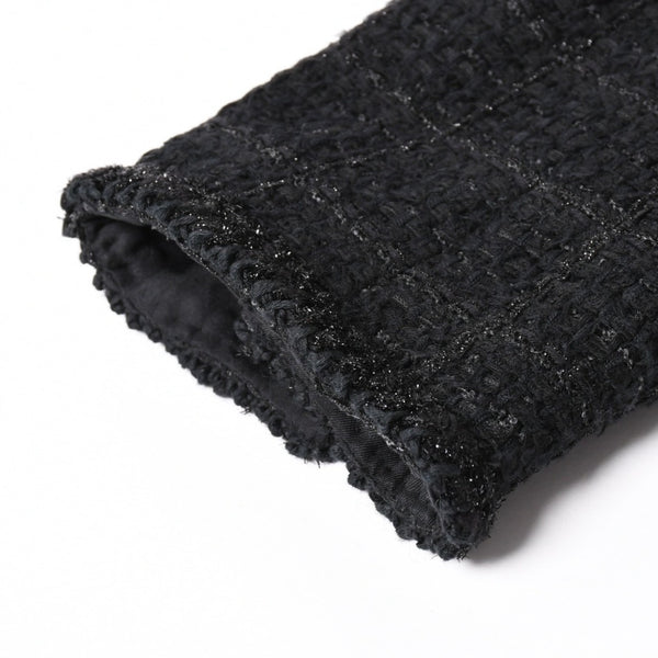 極美品 CHANEL シャネル ノーカラーツイードジャケット P80445 ブラック アウター ココマーク 50サイズ パッチポケット 中古 4b012776
