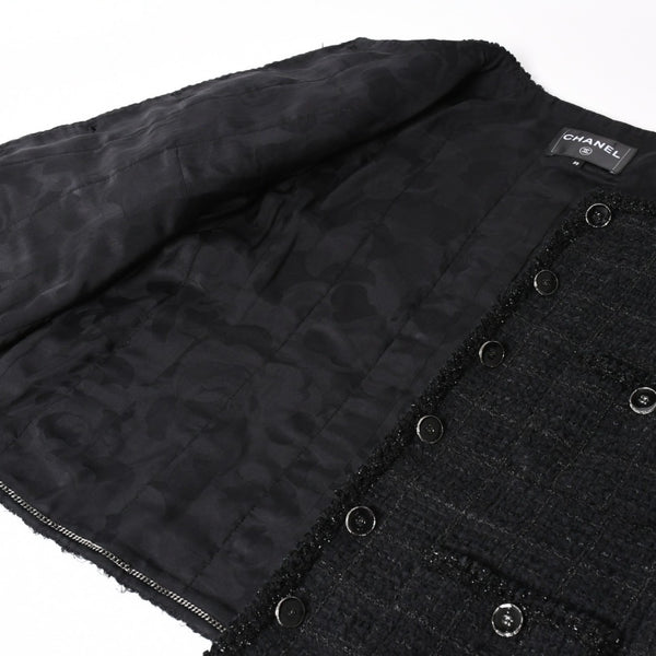 極美品 CHANEL シャネル ノーカラーツイードジャケット P80445 ブラック アウター ココマーク 50サイズ パッチポケット 中古 4b012776