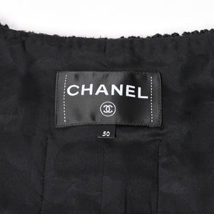 極美品 CHANEL シャネル ノーカラーツイードジャケット P80445 ブラック アウター ココマーク 50サイズ パッチポケット 中古 4b012776