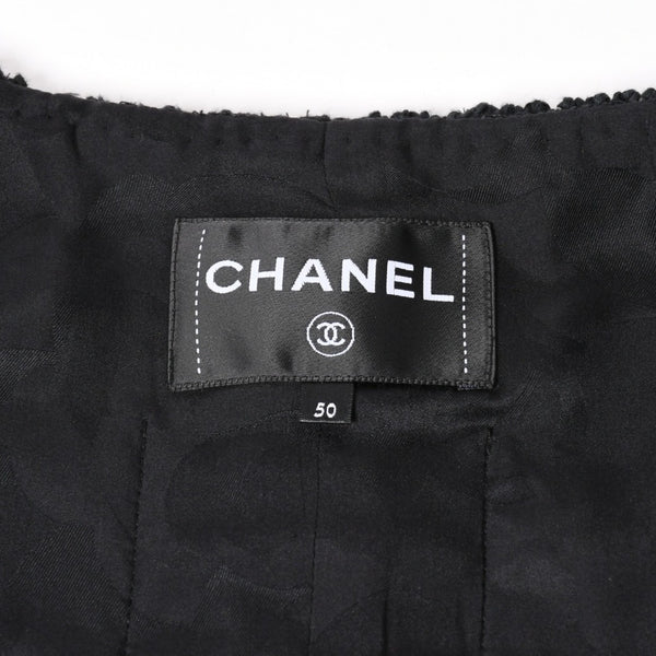 極美品 CHANEL シャネル ノーカラーツイードジャケット P80445 ブラック アウター ココマーク 50サイズ パッチポケット 中古 4b012776
