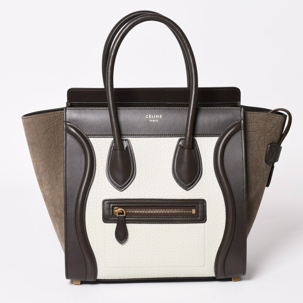 CELINE セリーヌ ラゲージマイクロショッパー ショルダーバッグ ハンドバッグ フィービー期 ダークブラウン アイボリー グレージュ カーフスキン スエード シルバー金具 廃盤 中古 4a003667