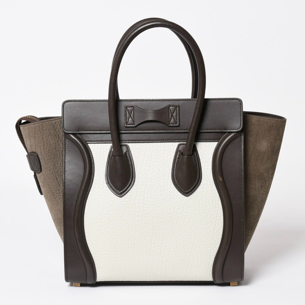 CELINE セリーヌ ラゲージマイクロショッパー ショルダーバッグ ハンドバッグ フィービー期 ダークブラウン アイボリー グレージュ カーフスキン スエード シルバー金具 廃盤 中古 4a003667