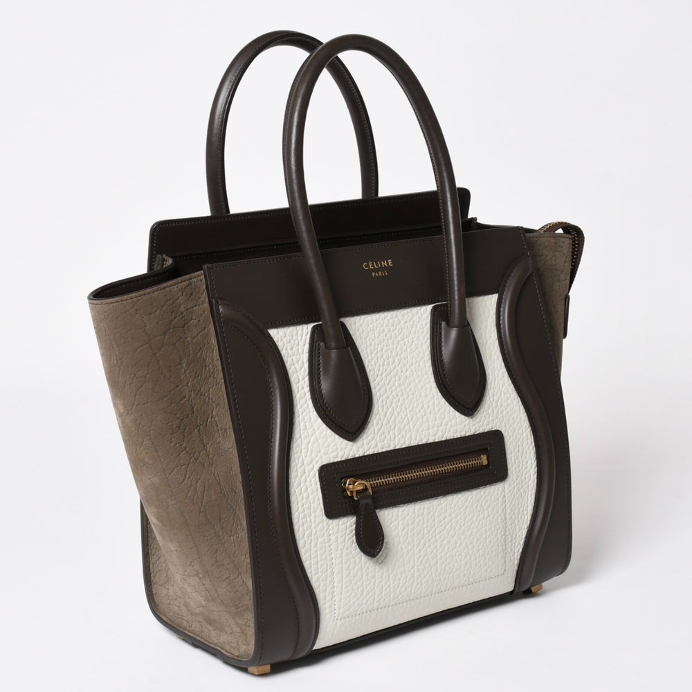 CELINE Luggage Micro Shopper Shoulder Bag Handbag Phoebe Period Dark Brown Ivory Greige Calfskin Suede Silver Hardware Out of Print Used 4a003667