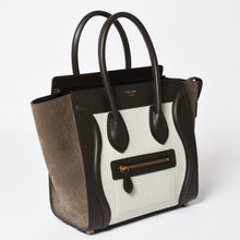 画像をギャラリービューアに読み込む, CELINE セリーヌ ラゲージマイクロショッパー ショルダーバッグ ハンドバッグ フィービー期 ダークブラウン アイボリー グレージュ カーフスキン スエード シルバー金具 廃盤 中古 4a003667