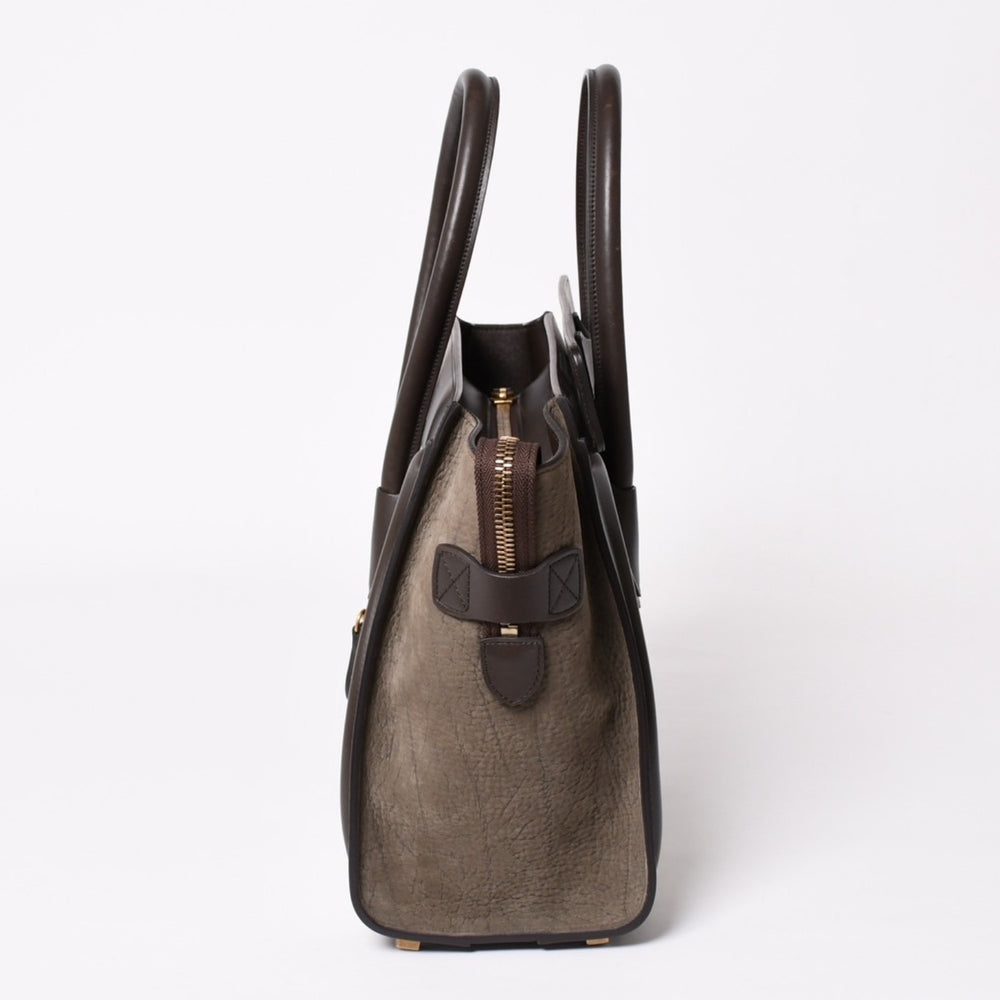 CELINE Luggage Micro Shopper Shoulder Bag Handbag Phoebe Period Dark Brown Ivory Greige Calfskin Suede Silver Hardware Out of Print Used 4a003667