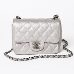 Like new CHANEL Mini Matelasse 17 S Flap S Chain Shoulder Bag No. 24 Coco Mark Caviar Skin Silver Used 4a003649