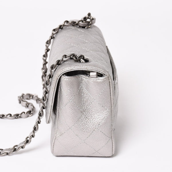 Like new CHANEL Mini Matelasse 17 S Flap S Chain Shoulder Bag No. 24 Coco Mark Caviar Skin Silver Used 4a003649
