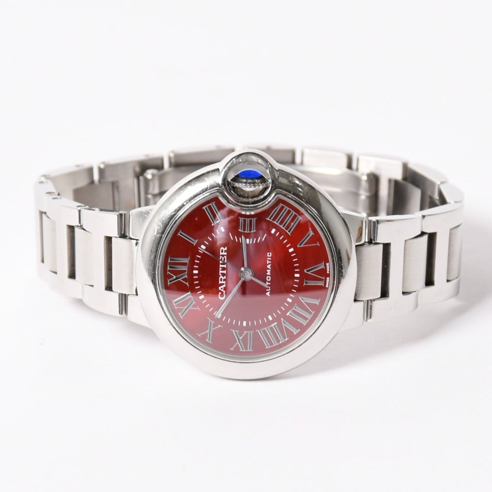 CARTIER カルティエ Ballon Bleu バロン ブルー 腕時計 WSBB0052 重量約73.93g 33mm SS 自動巻 ボルドー文字盤 シルバー 美品 中古 4a003158