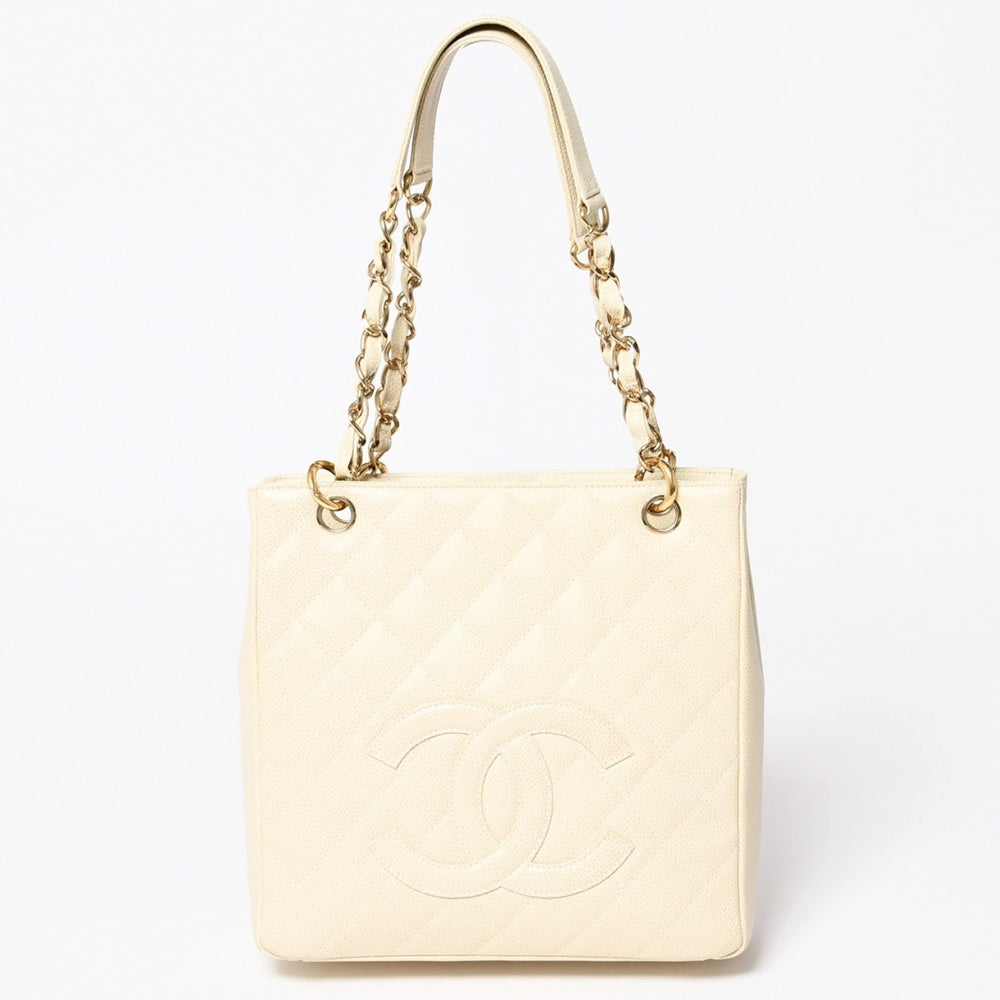 新品同様 CHANEL シャネル プチタイムレストートバッグ 7番台 マトラッセ キャビアスキン ライトベージュ ココマーク A50994 中古 4a003507
