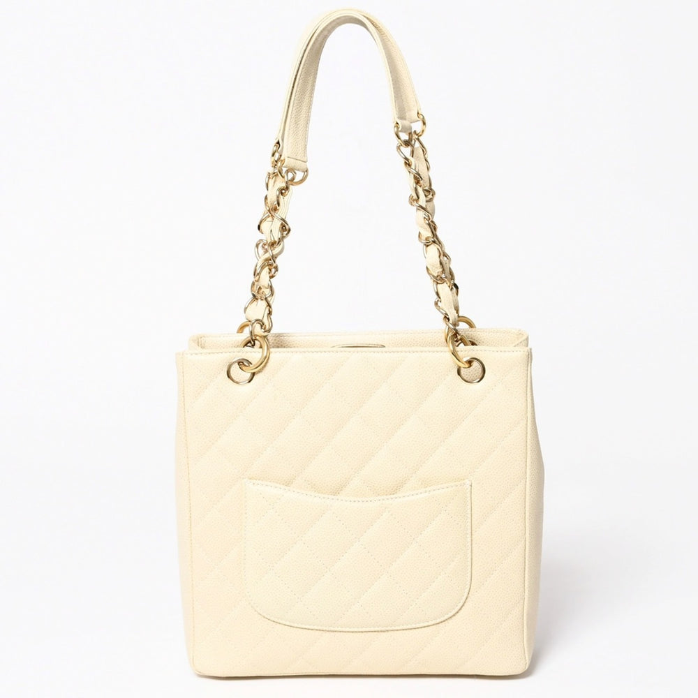 新品同様 CHANEL シャネル プチタイムレストートバッグ 7番台 マトラッセ キャビアスキン ライトベージュ ココマーク A50994 中古 4a003507