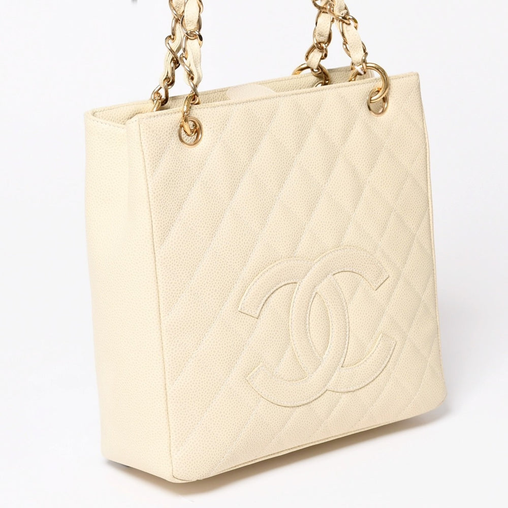Like new CHANEL Petit Timeless Tote Bag No. 7 Matelasse Caviar Skin Light Beige Coco Mark A50994 Used 4a003507
